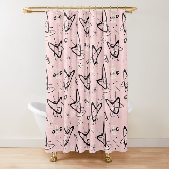 Pink and Black Mid-Century Atomic Orbit Starburst Shower Curtain, 100% Polyester, Retro Bathroom Decor