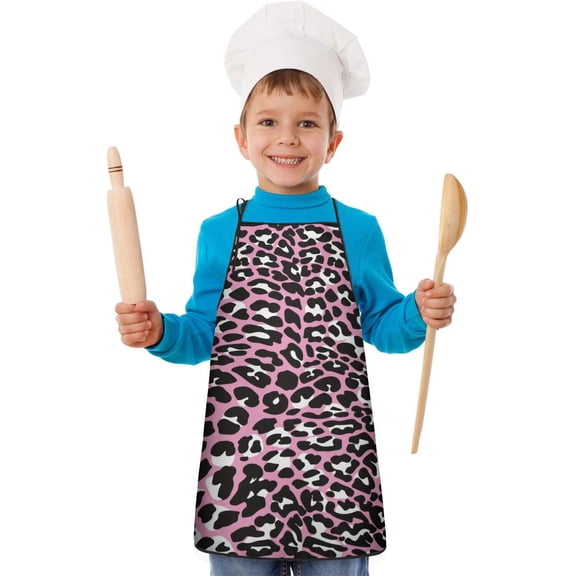 Pink and Black Of Leopard Print Kids Aprons for Girls and Boys,Adjustable Neck Strap Toddler Aprons for Kids Cooking Baking