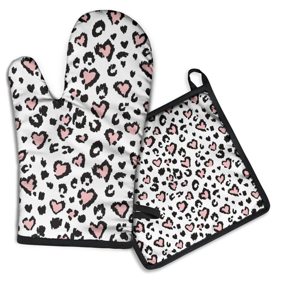 Pink and Black Of Leopard Print Kitchen Oven Mitt and Pot Holder Sets 2 Pcs for Baking, Cooking and Grilling, Heat Resistant Up To 392 °F