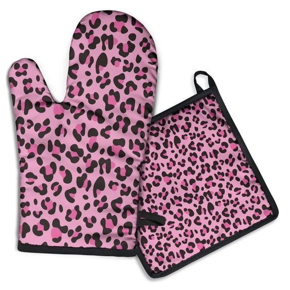 Pink and Black Of Leopard Print Kitchen Oven Mitt and Pot Holder Sets 2 Pcs for Baking, Cooking and Grilling, Heat Resistant Up To 392 °F