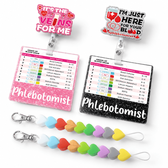 Pink and Black Phlebotomy Badge Reel Set with Order of Draw Cards and Beads