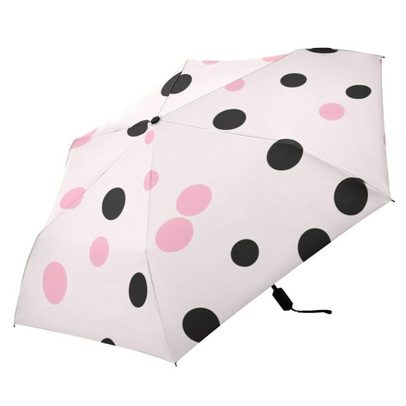 Pink and Black Polka Dots Compact Folding Umbrella for Rain Windproof Travel Umbrella UPF 50 Lightweight Packable Arc Size