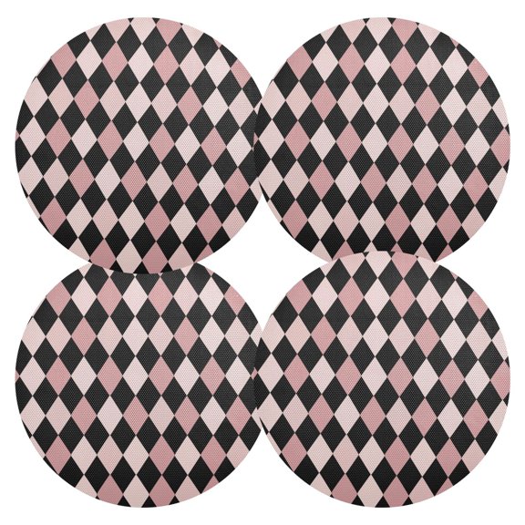 Pink and Black Rhombus Pattern PVC Round Grid Placemat Table Mat Set 4 Pcs 15.4" x 15.4"