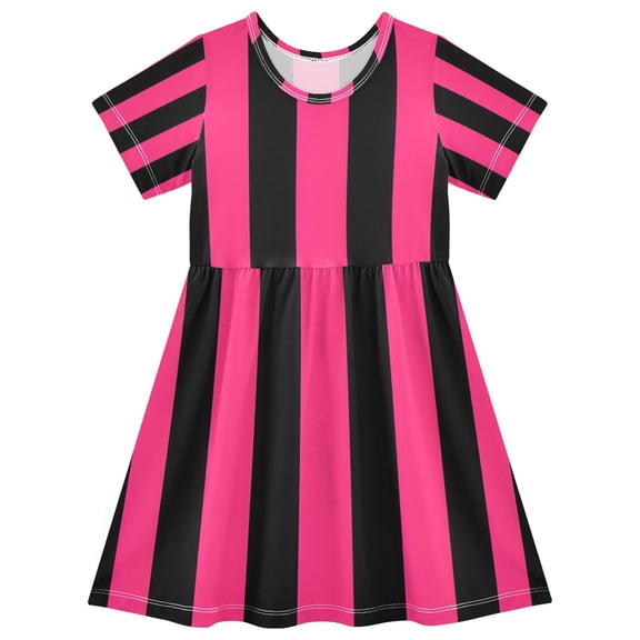 Pink and Black Stripe Girls Short Sleeve Dress A Line Sun Protection Breathable Comfort Sundress 7-8T