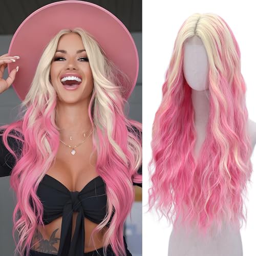 Pink and Blonde Wig-Long Pink Blonde Wigs For Women Synthetic Wig Heat Resistant Fiber Wigs for Daily Party Use