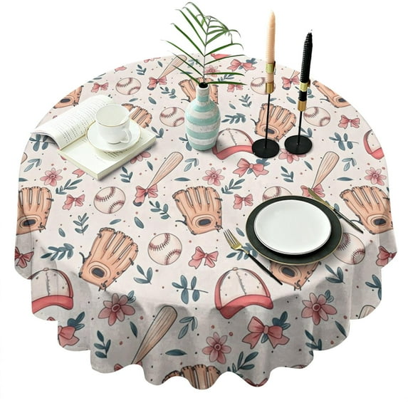 Pink and Blue Baseball Items Pattern Round Tablecloth 60"x60",Wrinkle Wipeable Table Cloth for Kitchen Dining Room Picnic Patio Party