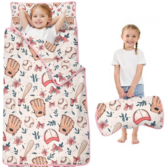 Pink and Blue Baseball Items Pattern Toddler Nap Mats for Kids Preschool,Sleeping Mat Bag or Kids,Toddler Sleeping Bag,Toddler Nap Mat or Daycare