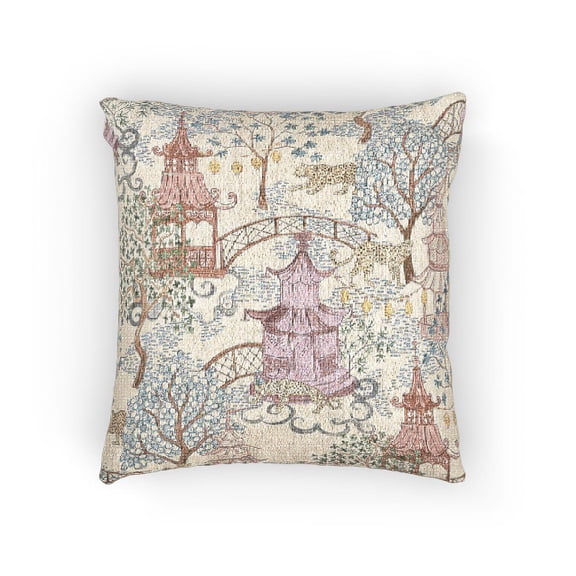 Pink and Blue Chinoiserie Pagodas, Leopards Decorative Woven Pillow, 17 x 18 in, Living Room Decor