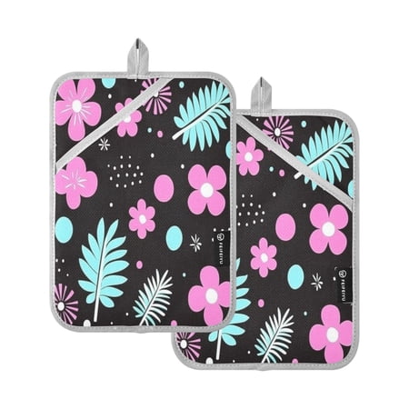 Pink and Blue Floral Design 7x9.8in Pot Holder Set Heat-Resistant Oven Hot Pads Durable with Storage Loop