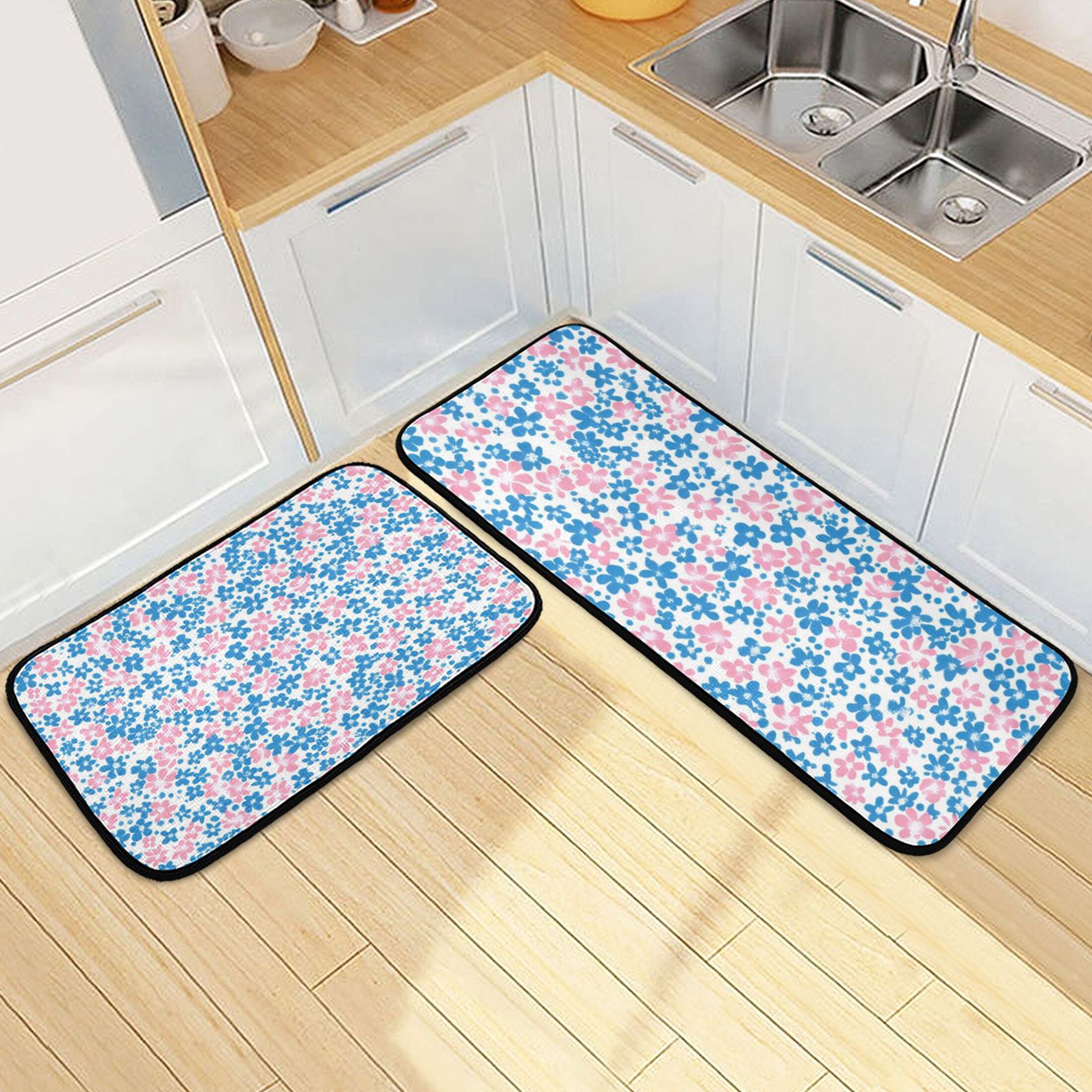 Pink and Blue Floral Kitchen Rugs Set of 2 Non Slip Floor Foam Mat