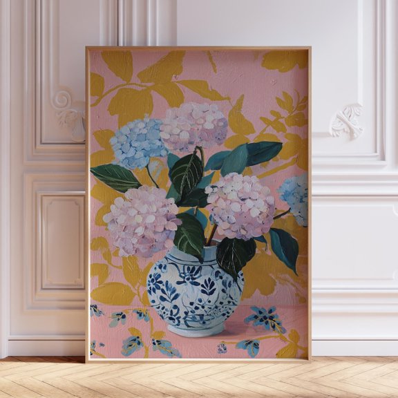 Pink and Blue Hydrangea Wall Art Print