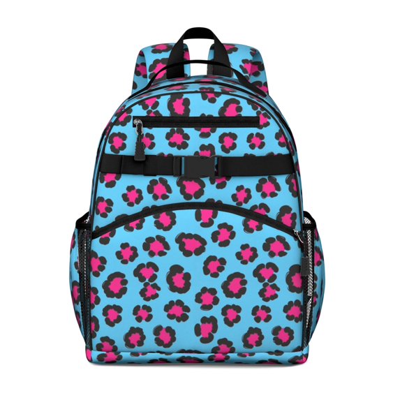 Pink and Blue Leopard Print Cute School Backpack Bag for School with Padded Back and Adjustable Shoulder Straps 15.25"x11.5"x5.25"