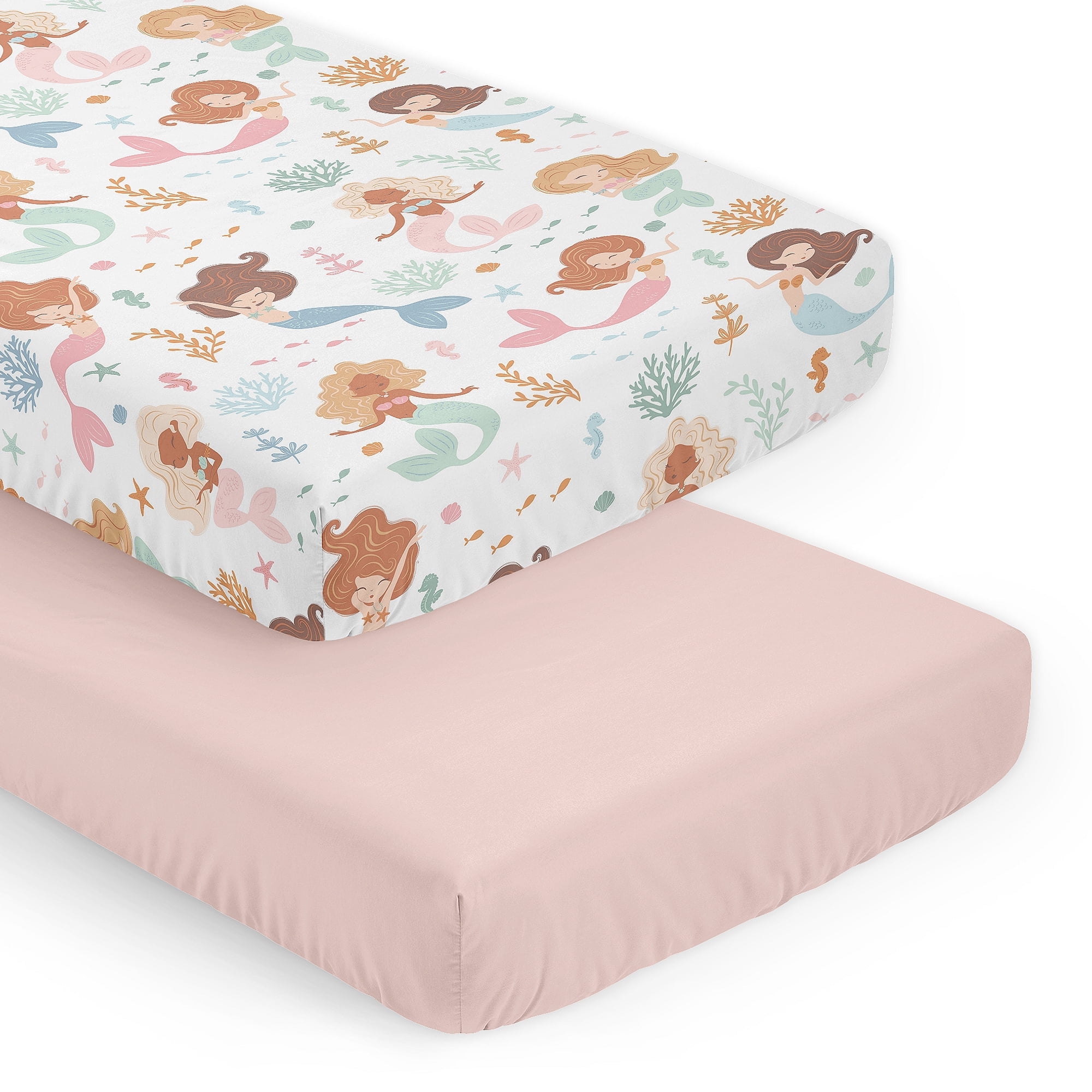 Sweet Jojo Designs Mermaids Pink Blue Orange Fitted Crib Sheets 2 Piece Set