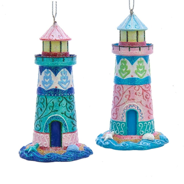 Pink and Blue Ocean Fantasy Lighthouses Christmas Holiday Ornaments Set of 2