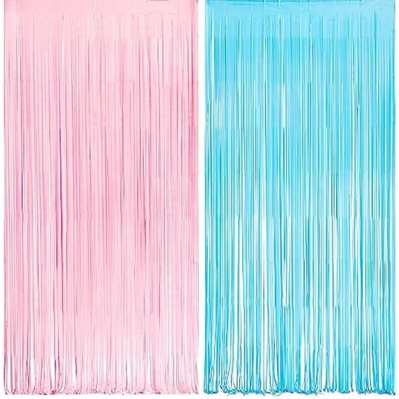 Pink and Blue Party Photo Backdrop -  Foil Fringe Tinsel Streamers for Pastel/Easter/Birthdays Party Decorations - 3.2ft X 8.2ft - 2 Packs
