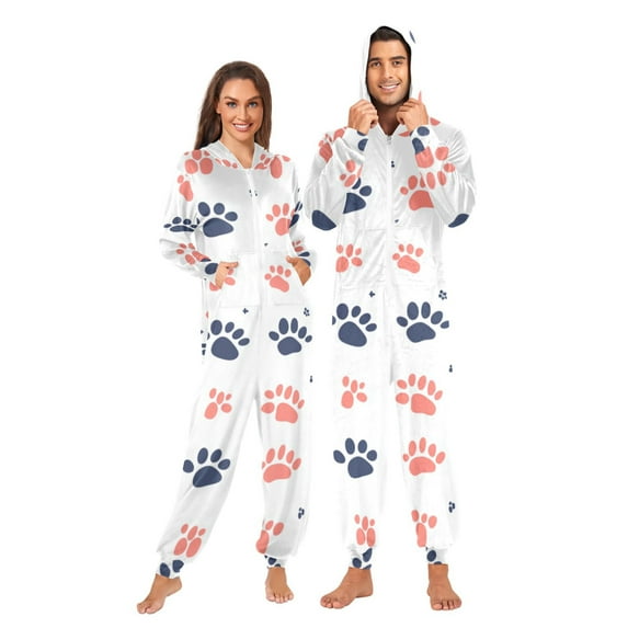 Pink and Blue Paws Adult onesie Pajamas, Crystal Velvet Ultra Soft Warm Jumpsuit for Men and Women