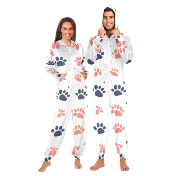 Pink and Blue Paws Adult onesie Pajamas, Crystal Velvet Ultra Soft Warm Jumpsuit for Men and Women