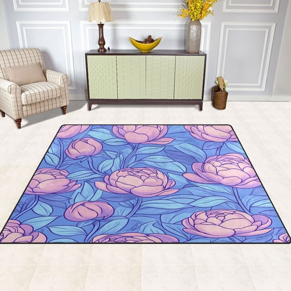 Pink and Blue Peonies 80''x58'' Extra Large Plush Memory Foam Rug, Soft, Absorbent, Non Slip