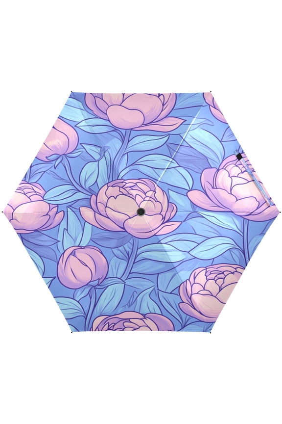 Pink and Blue Peonies Umbrellas for Sun Auto Open Close UV50+ Waterproof 5-Fold Compact Fiberglass Frame