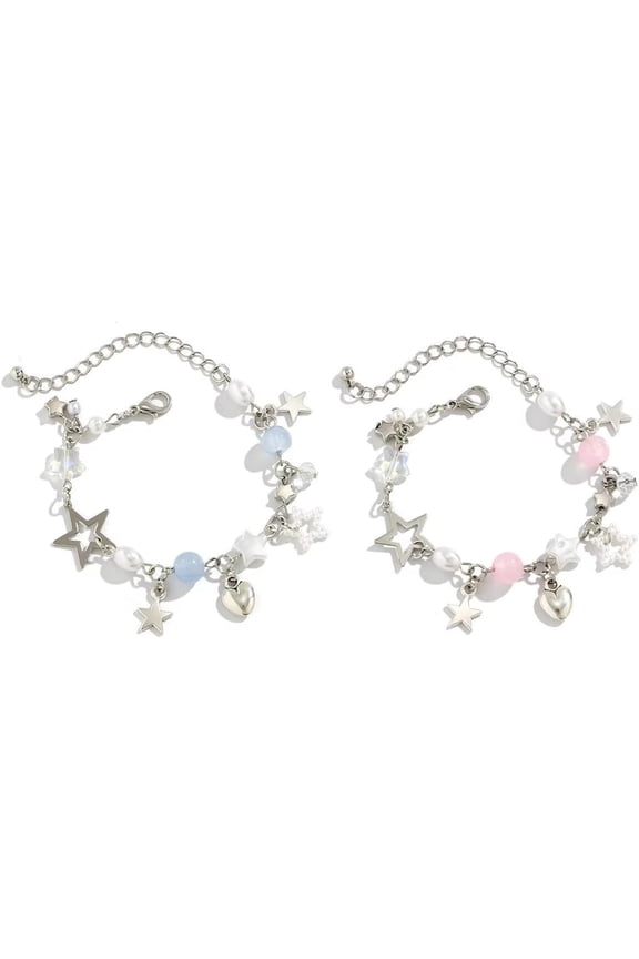 Pink and Blue Star Fringe Bracelet Set, Y2K Punk Hollow Five Pointed Star Bracelets