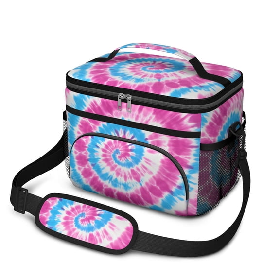 Pink and Blue Tie Dye Pattern Insulated Lunch Box for Women Men, Medium Leakproof Cooler Bag with Adjustable Strap, 10"x6.7"x8"
