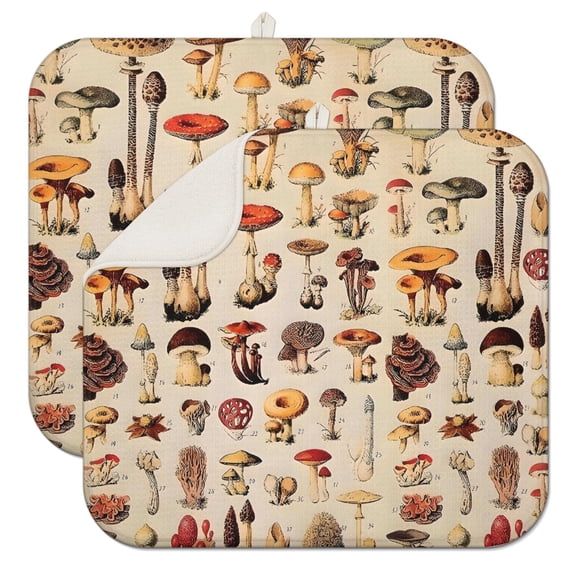 Brown Mushroom Label Light Pattern Dish Drying Mat for Kitchen 1 Pack, Ultra Absorbent Microfiber Dishes Drainer Mats,16"x18"