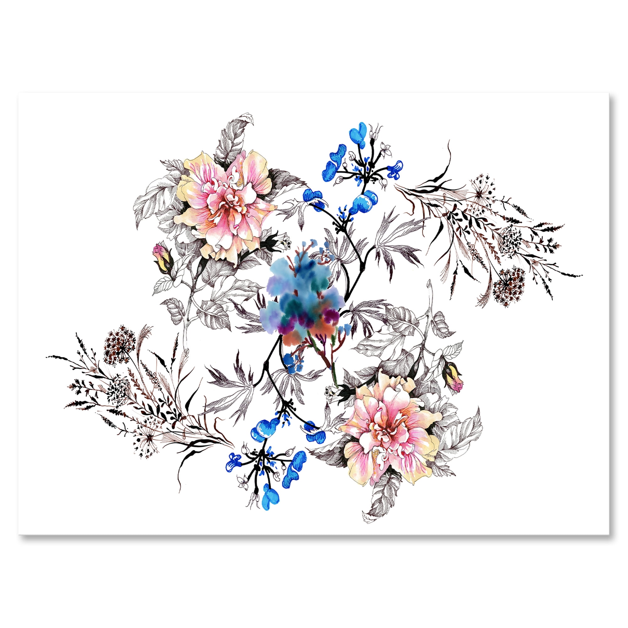 Pink and Blue Wildflowers 8 in x 12 in Painting Canvas Art Print, by Designart