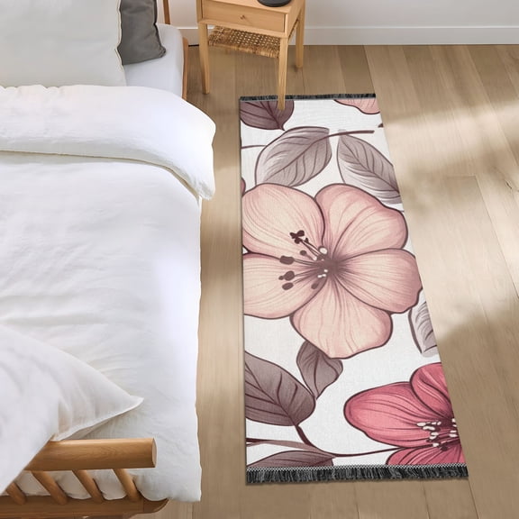 Pink and Brown Flowers Bedroom Runner Rug 2'x 6' Non Slip Carpet Indoor Home Area Rug Living Room