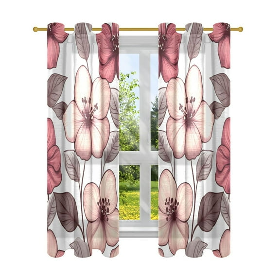 Pink and Brown Flowers Semi Sheer Curtains for Living Room Bedroom Set of 2 Insulated Window Drapes