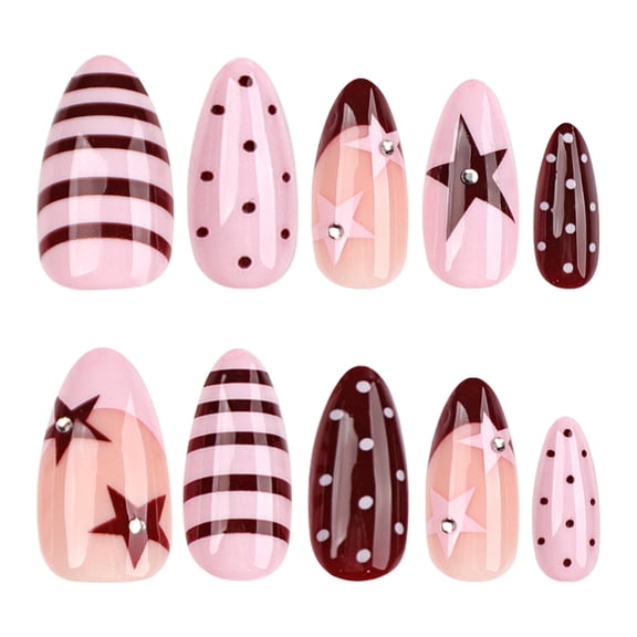 Pink and Brown Star Stripe Polka Dot Press on Nails Medium Almond Fake Nails with Glossy Finish Pink and Brown Full Cover Adhesive Press Ons Glam Acrylic False Nails Press on Nail Set 24 Pcs