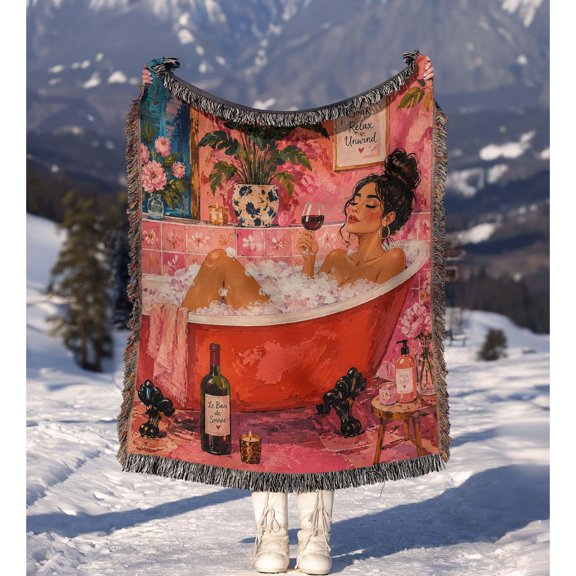 Pink and Coral Bathtub Spa with Wine Woven Blanket, 100% Cotton, Relax Unwind Bathroom Decor