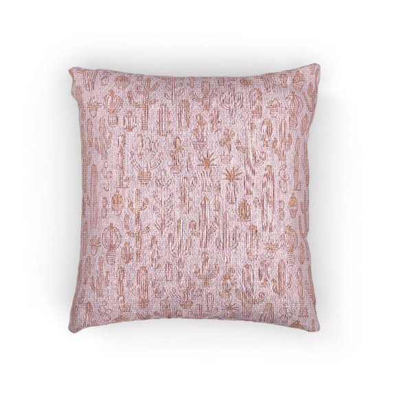 Pink and Coral Cactus and Potted Succulent Decorative Woven Pillow, Cotton-Polyester Shell, Desert Plant Theme