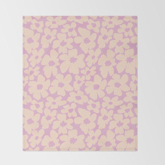 Pink and Cream Floral Fleece Blanket, Polyester Fleece Fabric, 280 GSM, Retro Flower and Leaf Pattern