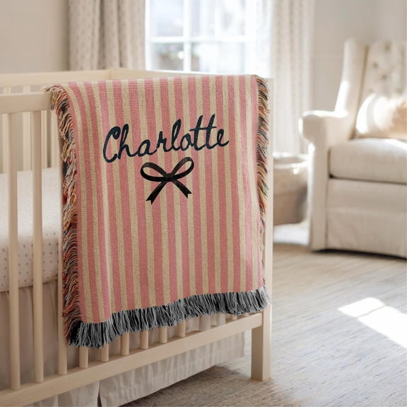 Pink and Cream Stripes with Charlotte Bow Woven Throw Blanket, 100% Cotton, Fringed Edges, Bed Accent