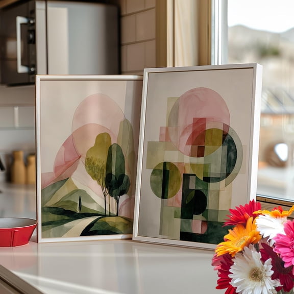 Pink and Dark Green Boho Wall Art Minimalist Geometric Shapes Modern Decor Set 2 Stretched Canvas