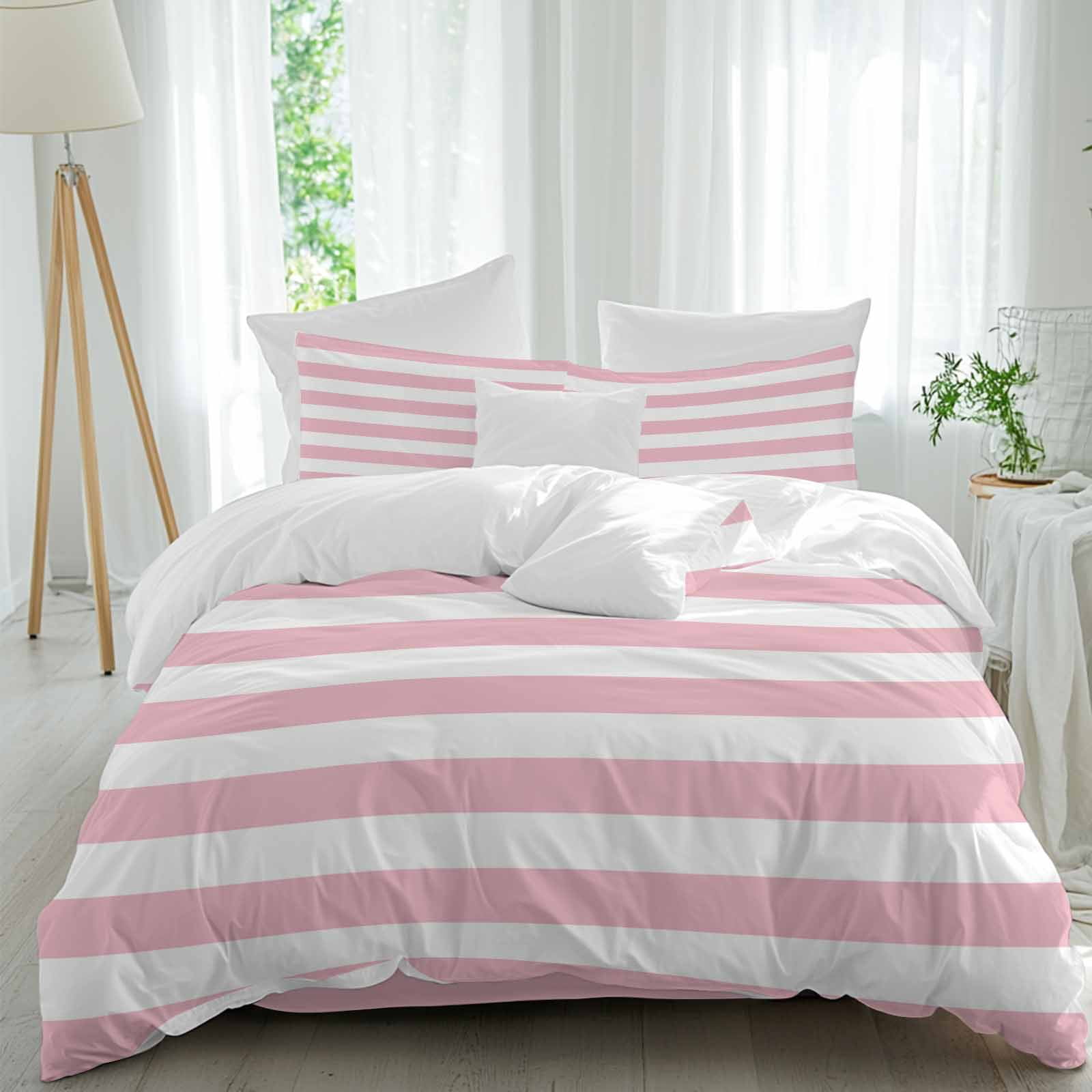 Pink and Full Duvet Cover Set, White Stripes 4 Piece Microfiber Bedding Set with Zipper Closure, Bed Sheet and 2 Pillow Shams, Soft Bedding Cover