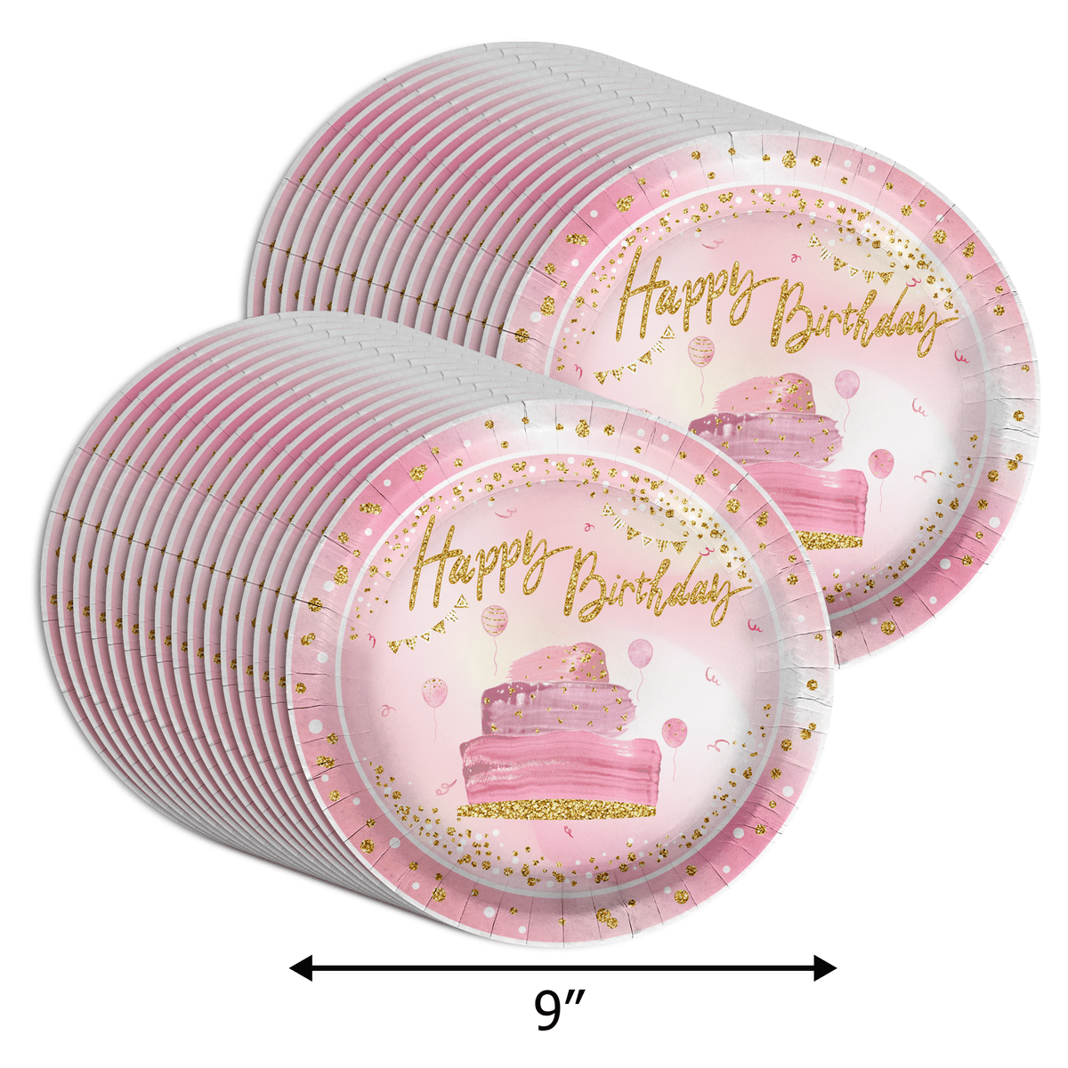 Pink and Gold 9" Glossy Paper Birthday Party Plates - 32 Piece Set