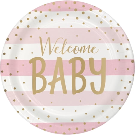 Pink and Gold Celebrations Baby Shower Round Paper Plates 24 Count for 24 Guests
