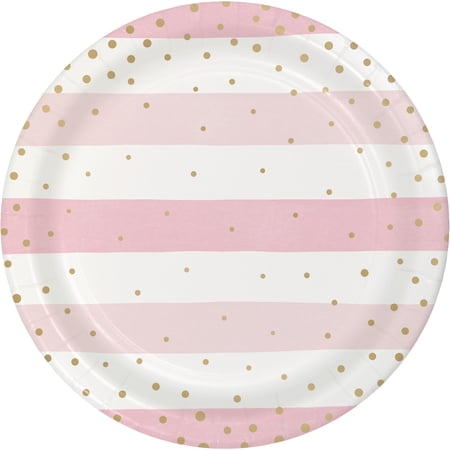 Pink and Gold Celebrations Round Paper Plates 24 Count for 24 Guests
