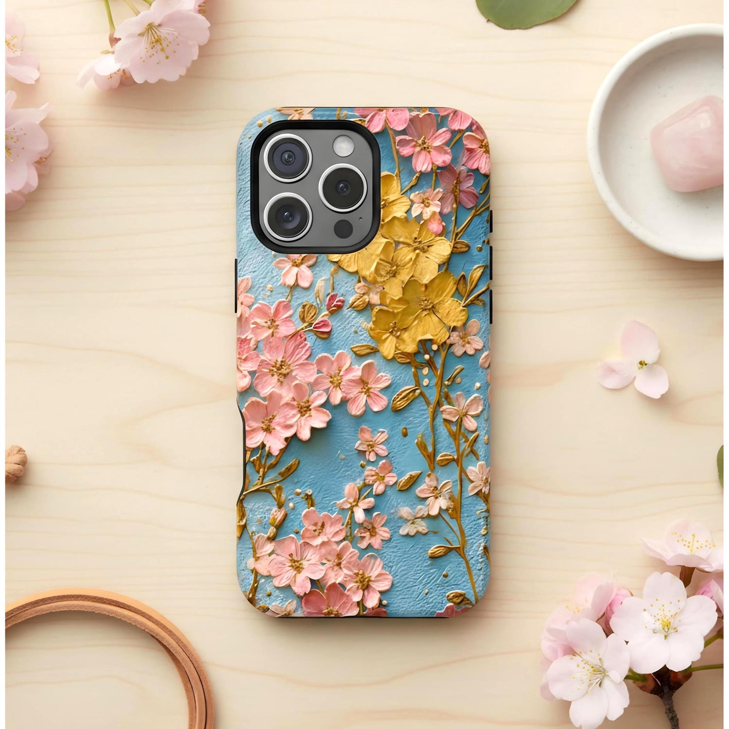 Cherry Modell Pink and Gold Cherry Blossom Branches on Blue Tough Phone Case for ...