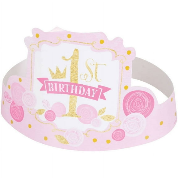 Pink and Gold First Birthday Party Hats, 6ct
