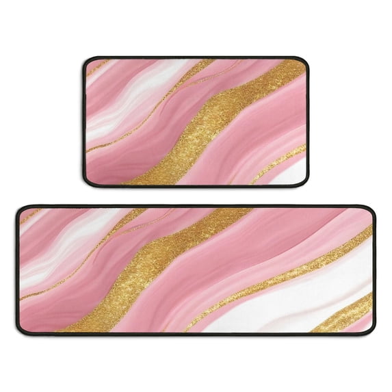 Pink and Gold Marble Pattern 2 Piece Kitchen Mat Set, Crystal Velvet ...