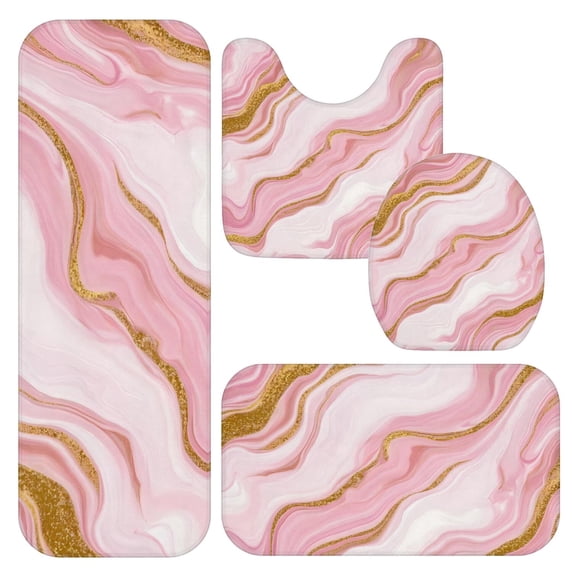 Pink and Gold Marble Pattern Bathroom Rug Set 4 Piece,Includes Contour,Lid Cover,Bath Mat,Non-Slip Extra Soft Absorbent Washable