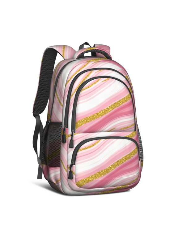 Pink and Gold Marble Pattern Cute School Backpack Bag with Padded Back and Adjustable Shoulder Straps 16.9 X 12.6 X 5.9 Inches