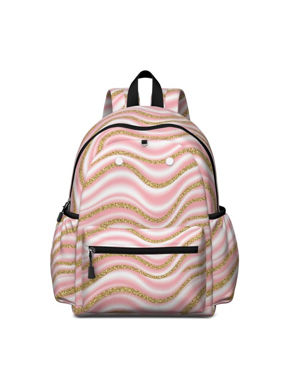 Pink and Gold Marble Pattern Cute School Backpack with Padded Back and Adjustable Shoulder Straps 13.4"x11"x4.7"