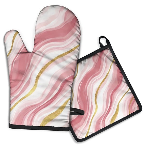 Pink and Gold Marble Texture Kitchen Oven Mitt and Pot Holder Sets 2 Pcs for Baking, Cooking and Grilling, Heat Resistant Up To 392 °F