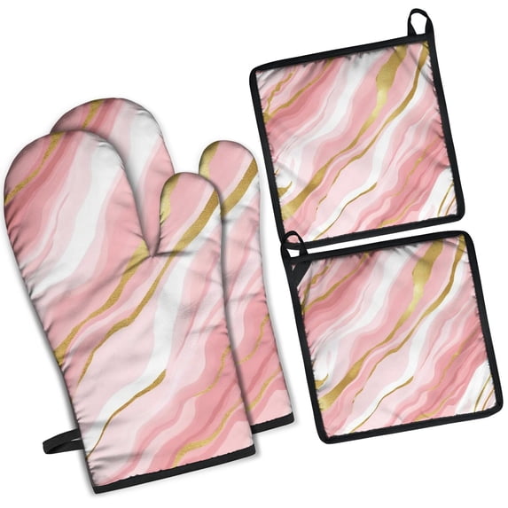 Pink and Gold Marble Texture Kitchen Oven Mitt and Pot Holder Sets 4 Pcs for Baking, Cooking and Grilling, Heat Resistant Up To 392 °F