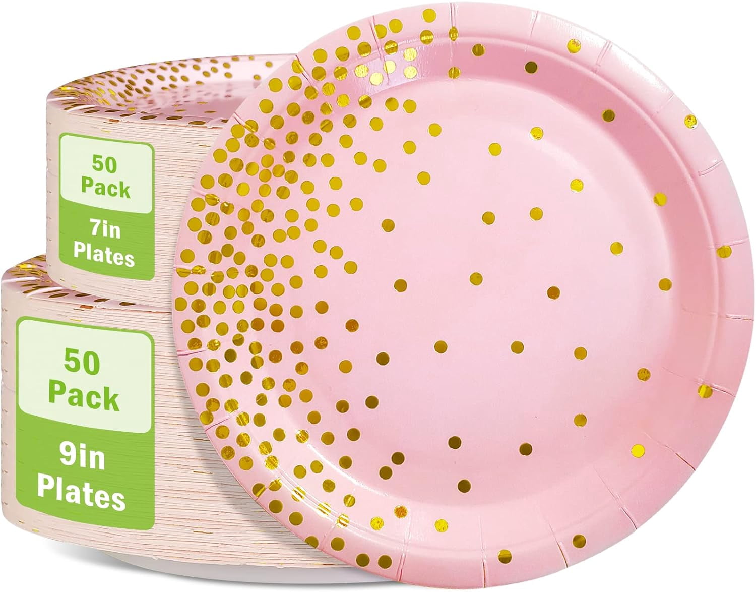 Pink and Gold Party Supplies, 100 Pack - 50 x 9" & 50 x 7" Disposable Paper Plates for Birthday, Wedding, or Any Party Decorations