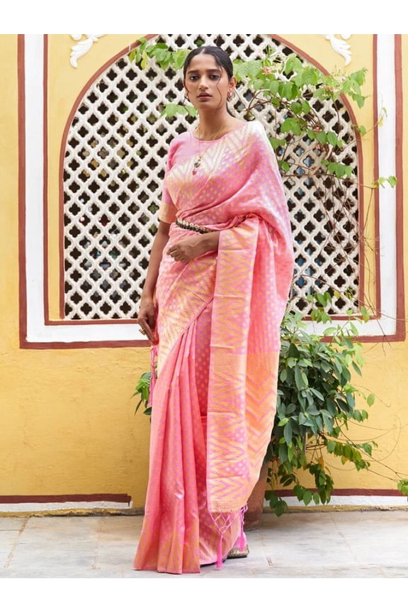 Pink and Gold Polka Dot Saree | Bollywood Saree | Saree With Unstitched Blouse | Traditional Ethnic Motifs Saree | Party Wear