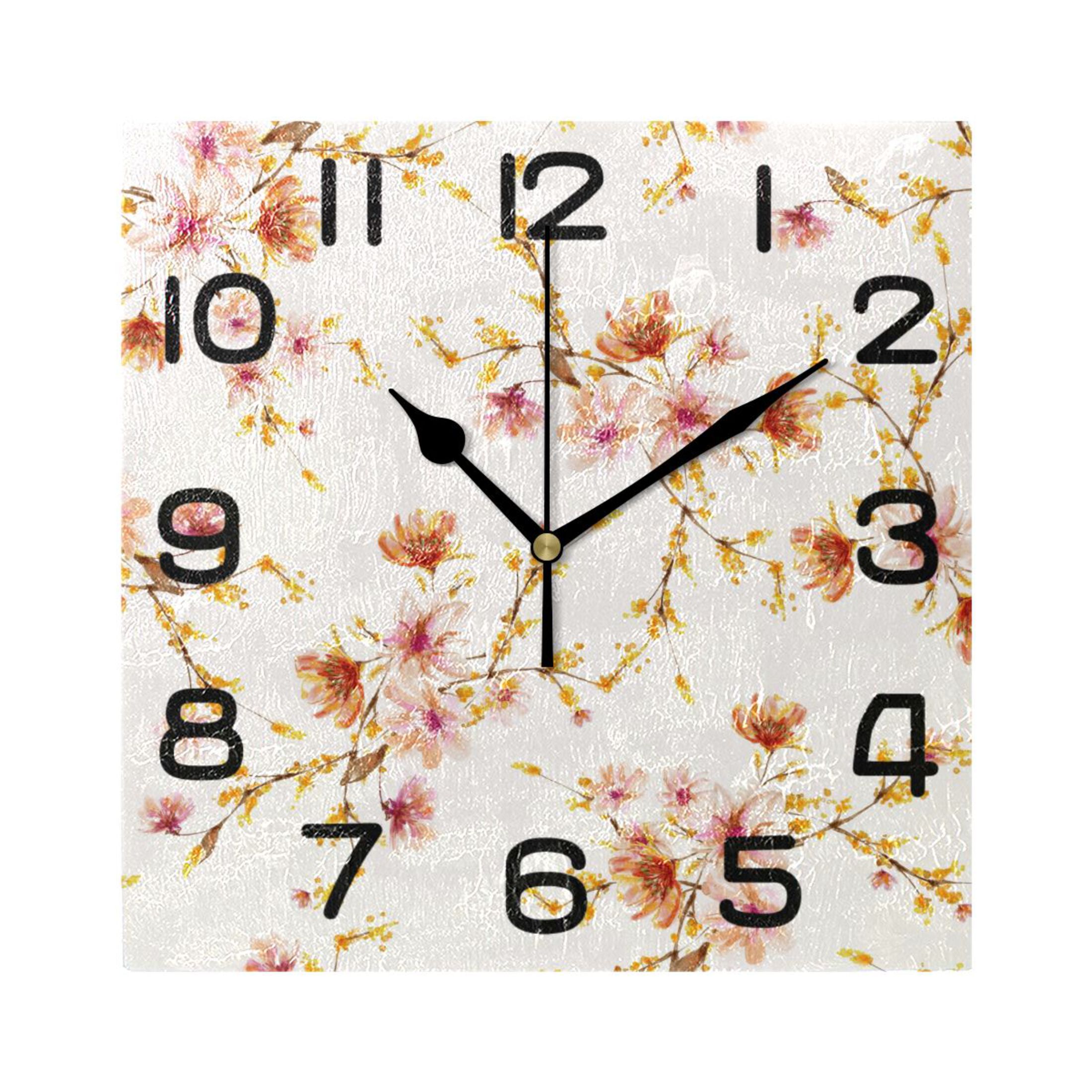 Pink Clock Square Pink and Golden Floral Wall Clock Square Silent Non-Ticking Battery ...